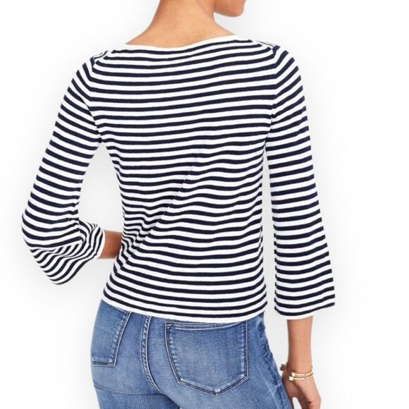 J. Crew Boat Neck Three Quarter Sleeve Striped Bow Tie Front Blouse - Picture 3 of 3